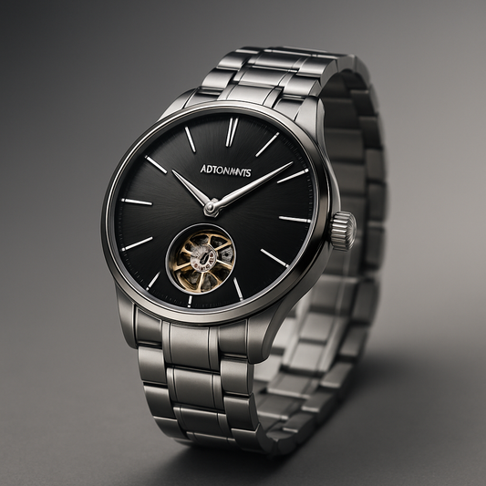 TROKE luxury mechanical wristwatch with minimalist design, black dial, and stainless steel bracelet – precision-crafted timepiece from the Curated Collection.