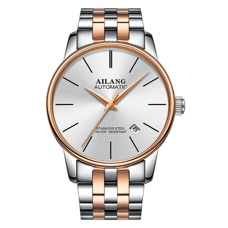 Ailang automatic watch with white dial, rose gold bezel, and stainless steel bracelet with rose gold accents – premium mechanical timepiece curated by TROKE