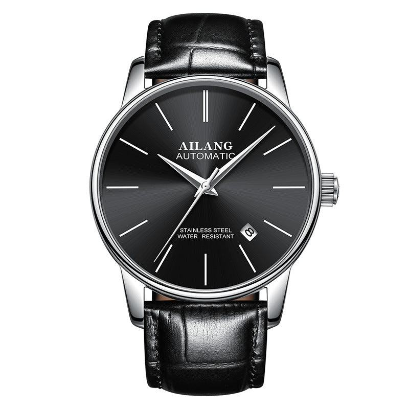 Ailang automatic watch with black dial, stainless steel bezel, and black leather strap – refined mechanical watch curated by TROKE