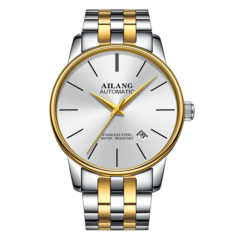 Ailang automatic watch with white dial, gold bezel, and stainless steel bracelet with gold accents – premium mechanical timepiece curated by TROKE
