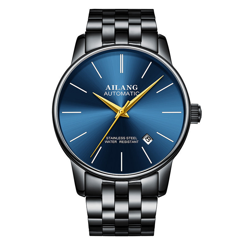 Ailang automatic watch with deep blue dial, gold hands, and black stainless steel bracelet – premium mechanical timepiece by TROKE