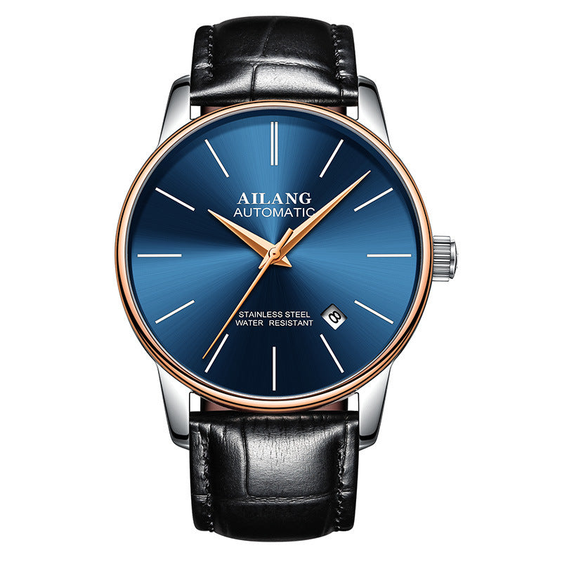 Ailang automatic watch with blue dial, rose gold bezel, and black leather strap – premium mechanical wristwatch by TROKE