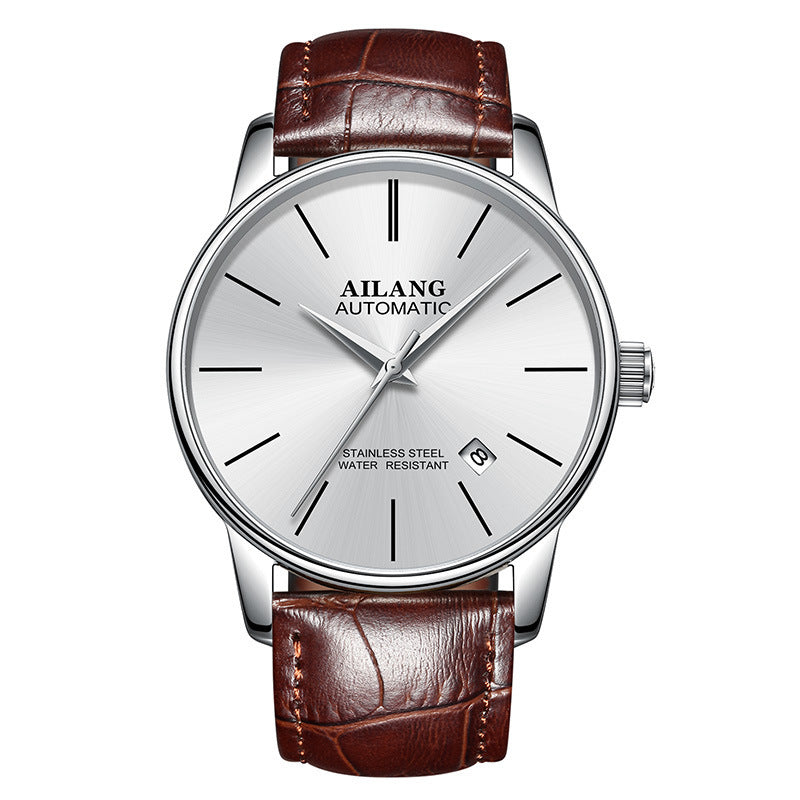 Ailang automatic watch with white dial, stainless steel bezel, and brown leather strap – refined mechanical timepiece curated by TROKE