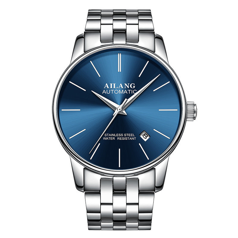 Ailang automatic watch with blue dial, stainless steel bezel, and matching steel bracelet – mechanical wristwatch curated by TROKE