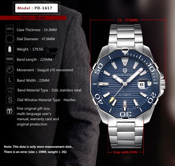 Pagani Design Diver’s Mechanical Watch – Blue Steel