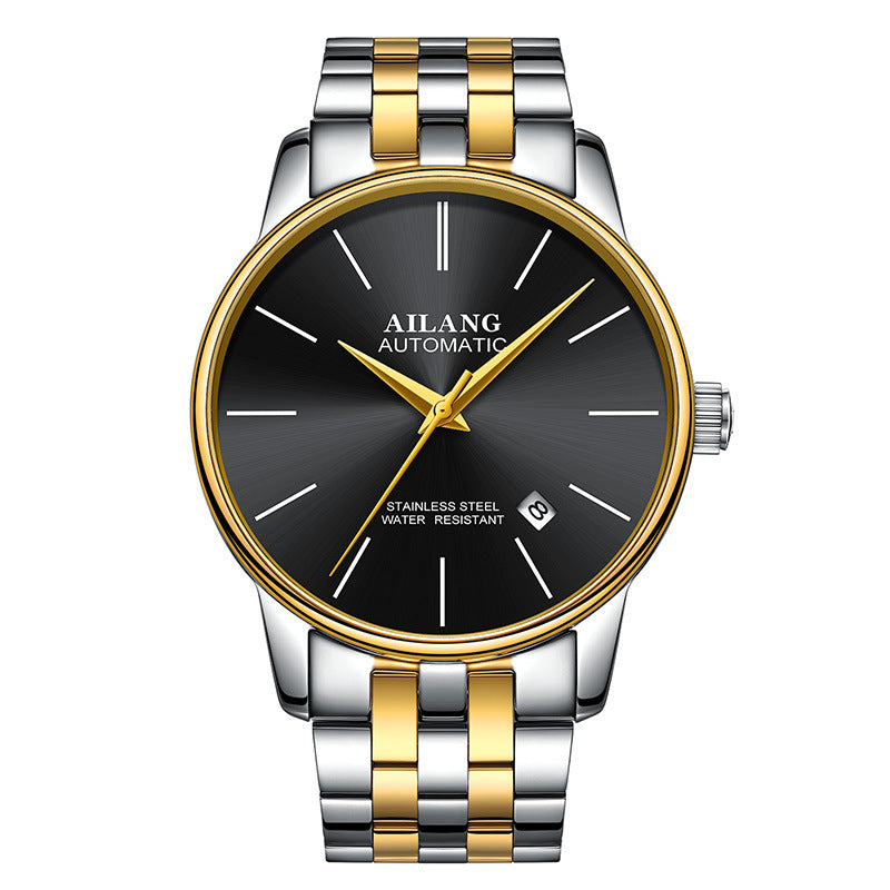 Ailang automatic watch with black dial, gold bezel, and two-tone silver and gold bracelet – premium mechanical timepiece curated by TROKE