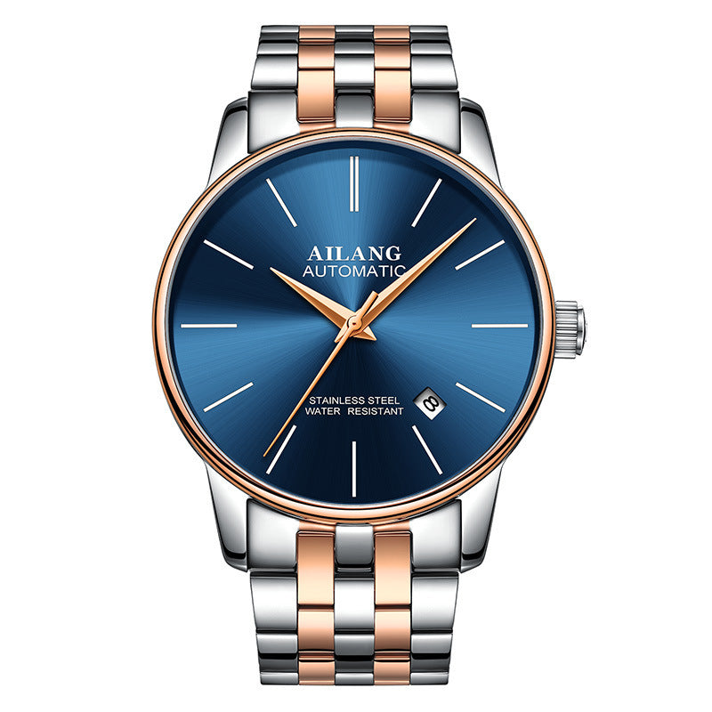 Ailang automatic watch with blue dial, rose gold bezel, and silver and rose gold bracelet – precision mechanical watch curated by TROKE
