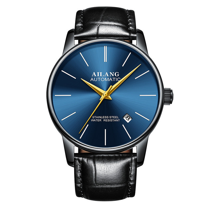 Ailang automatic watch with black leather strap, black stainless steel case, and blue bezel – bold mechanical timepiece curated by TROKE