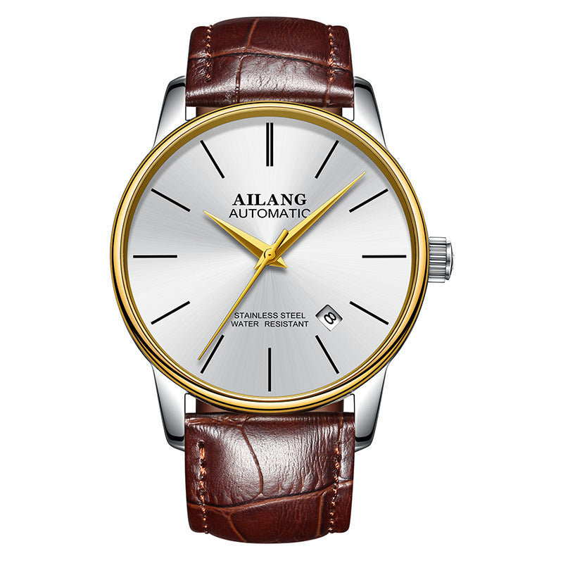 Ailang automatic watch with white dial, gold bezel, and brown leather strap – classic mechanical design curated by TROKE