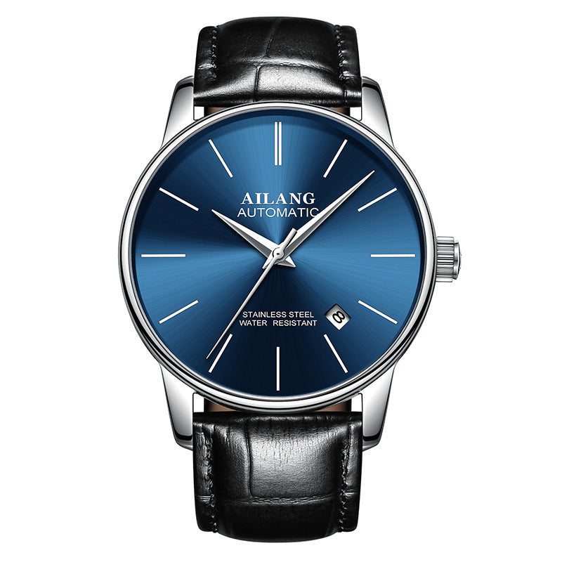 Ailang automatic watch with black dial, blue bezel, and black leather strap – distinctive mechanical timepiece curated by TROKE