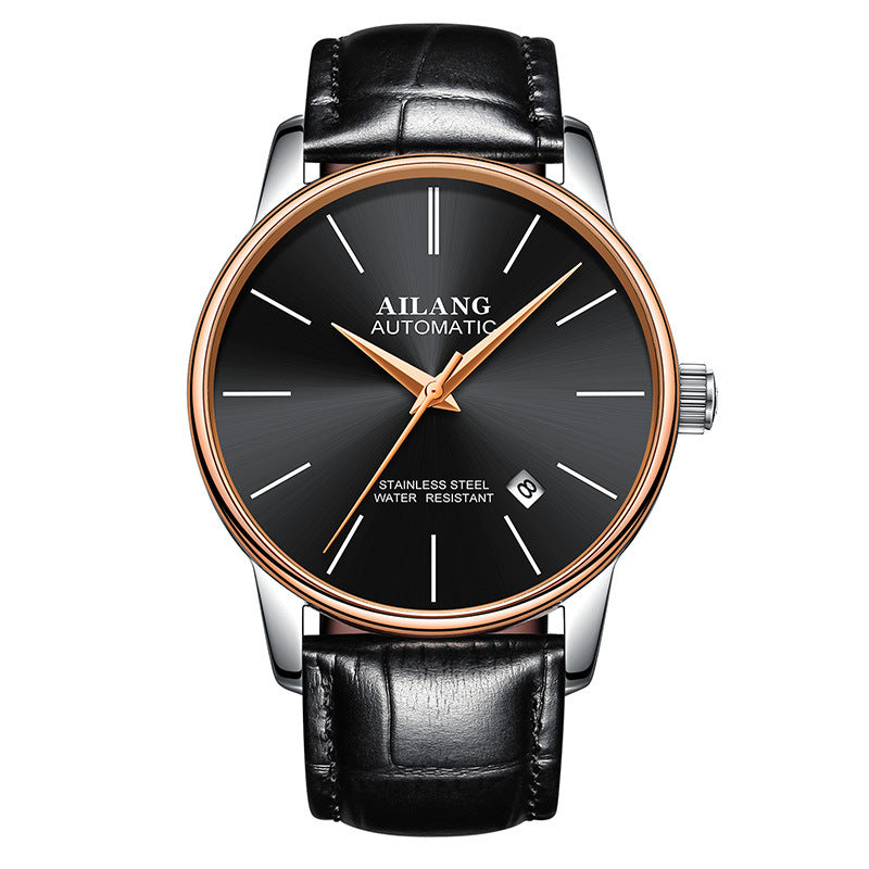 Ailang automatic watch with black dial, rose gold bezel, and black leather strap – premium mechanical wristwatch by TROKE