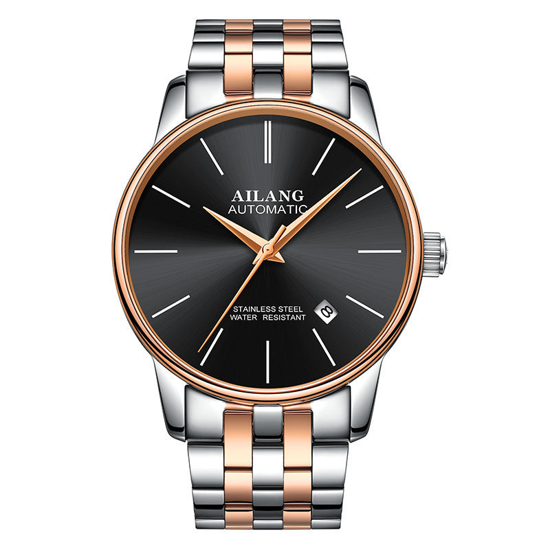 Ailang automatic watch with black dial, rose gold bezel, and two-tone silver and rose gold bracelet – premium mechanical timepiece curated by TROKE