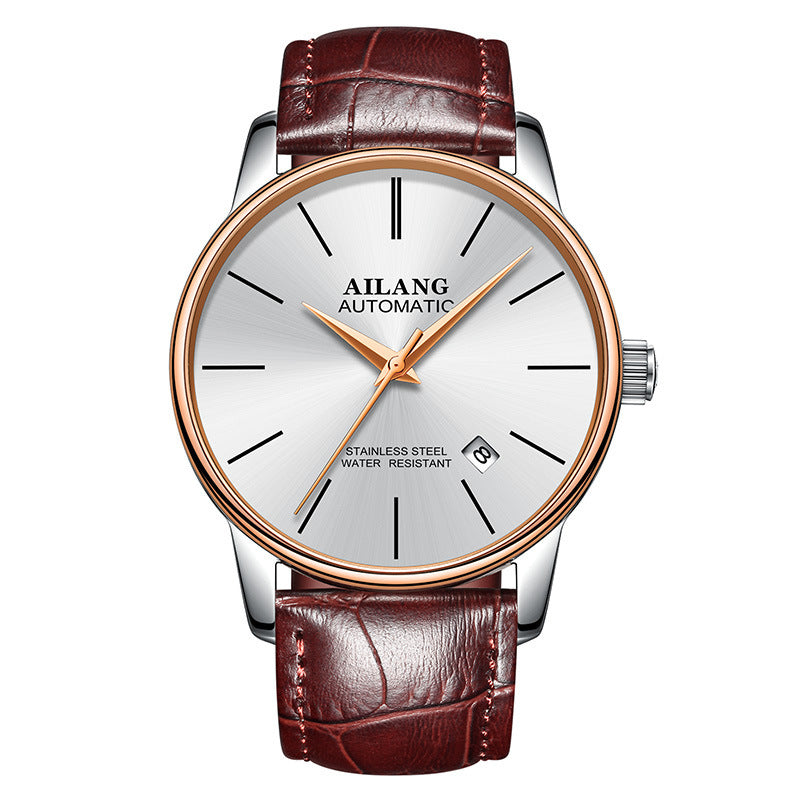Ailang automatic watch with white dial, rose gold bezel, and brown leather strap – elegant mechanical wristwatch curated by TROKE