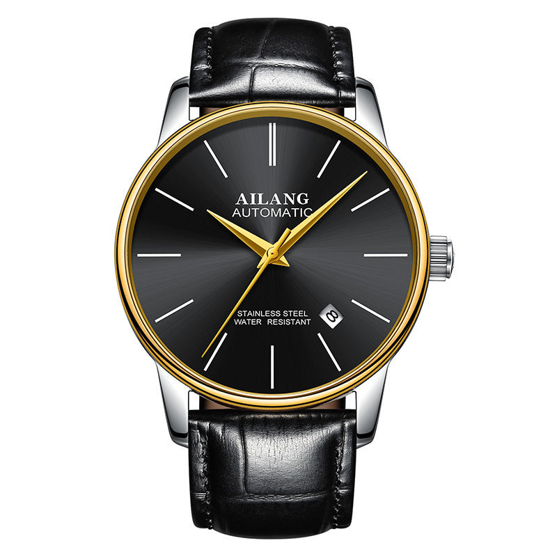 Ailang watch with gold case, black dial, and black leather strap – bold mechanical style