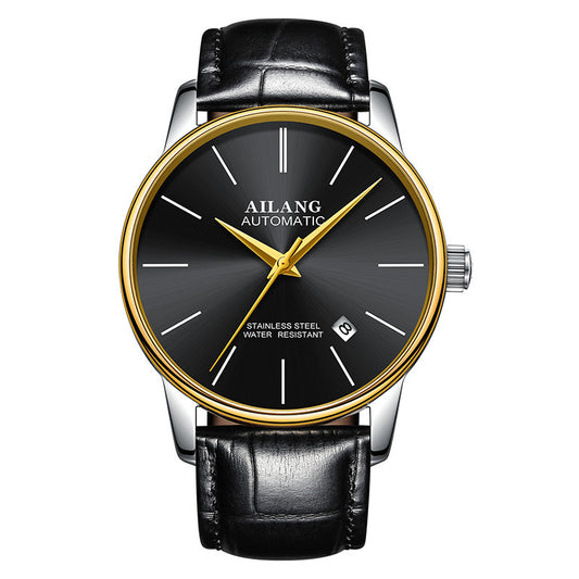Ailang watch with gold case, black dial, and black leather strap – bold mechanical style